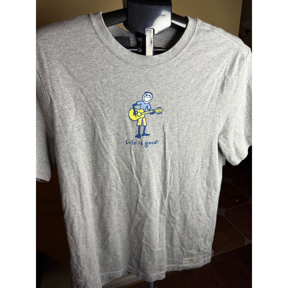 Life is Good Mens Crusher T-Shirt Gray Jake Playing Guitar Graphic Tee Size M